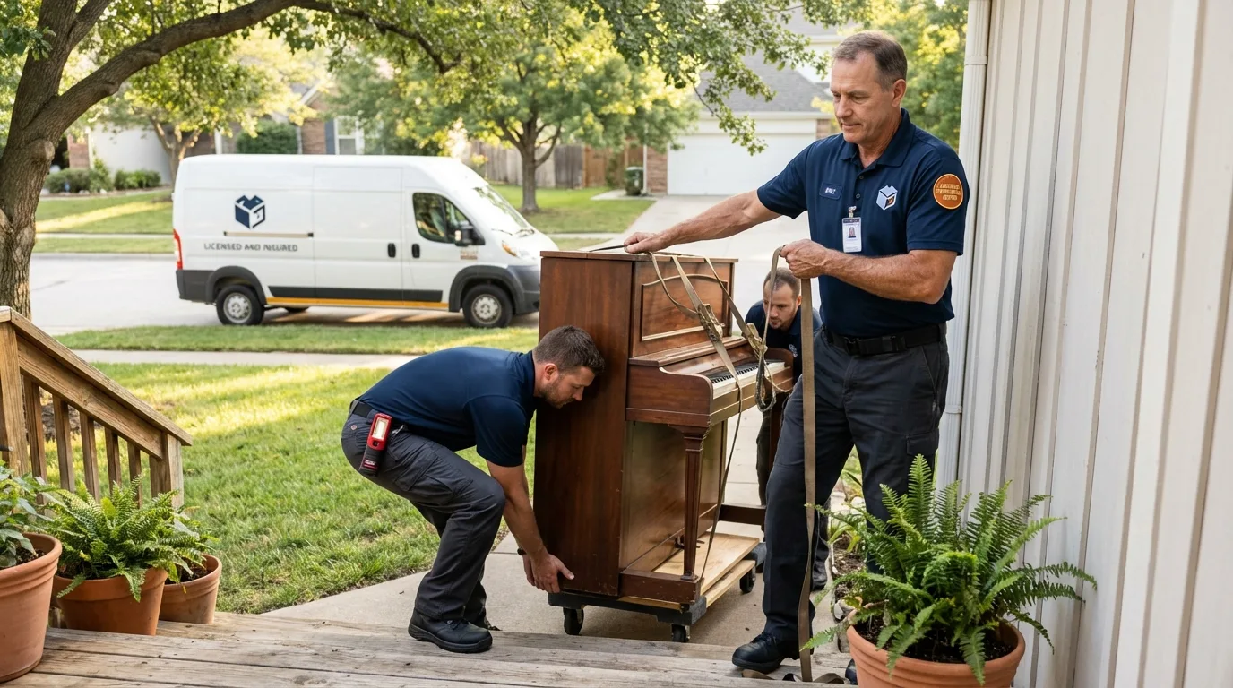 Licensed piano movers securing grand piano in Glasgow, KY