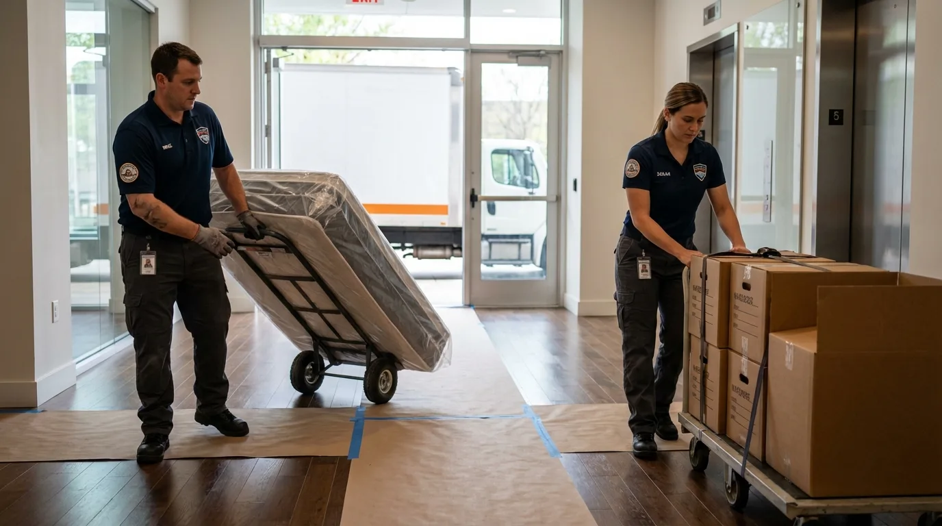 Professional apartment movers loading elevator in Glasgow, KY